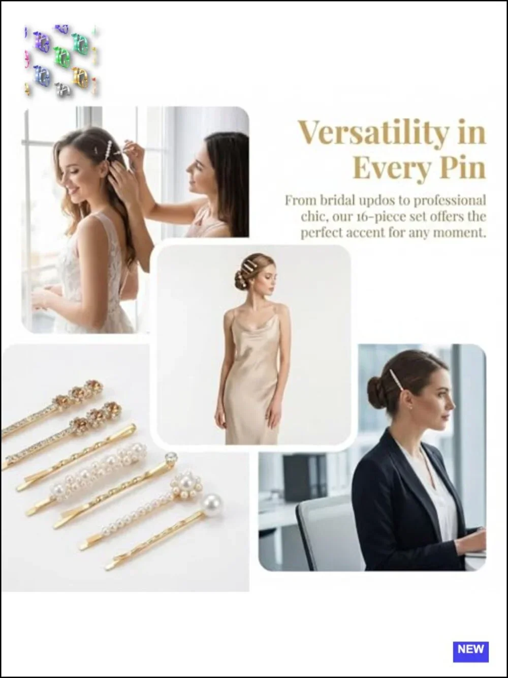 16Pcs Rhinestone & Pearl Decorative Hair Clips Gold Hair Barrettes